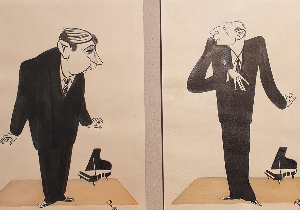 Musikwissenschaftler Y. Y. Weinkop (links) und A. N. Dolzhanskiy (rechts), satirische Zeichnung, Papier, Tusche,1955 Musikwissenschaftler Y. Y. Weinkop (links) und A. N. Dolzhanskiy (rechts), satirische Zeichnung, Papier, Tusche,1955