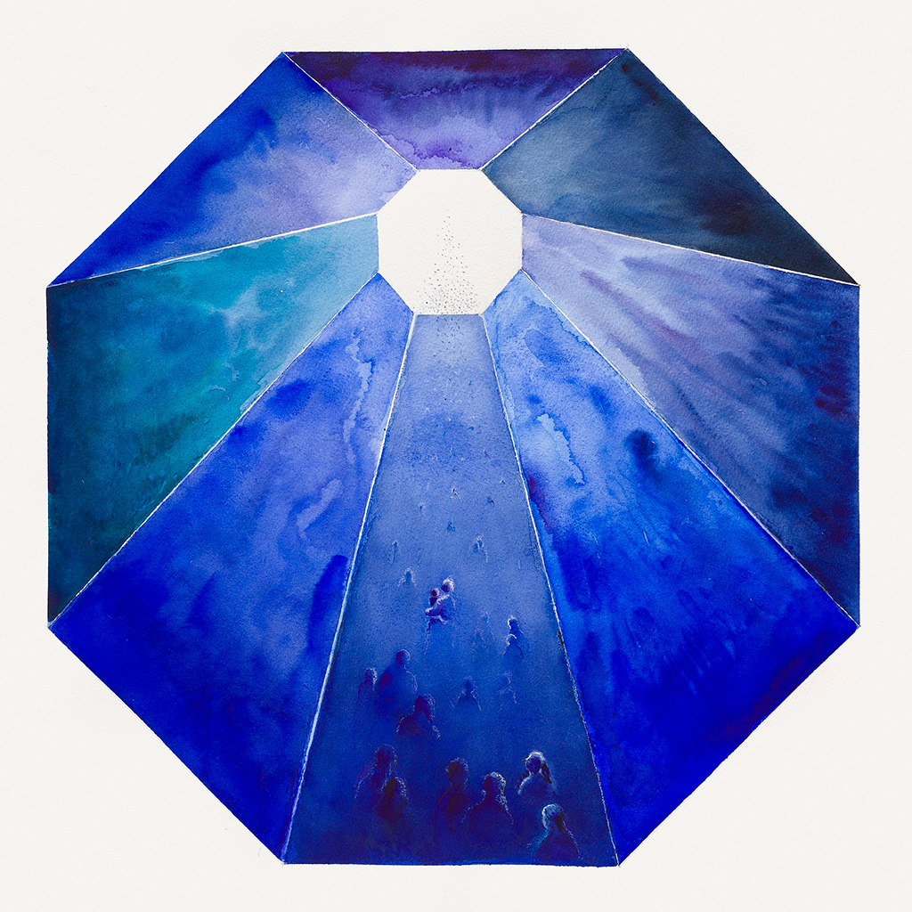 2018, Aquarell, Deckweiß und Kreide auf Papier, 58 x 58 cm, Prozession in die Ewigkeit, Nina Werzbinskaja-Rabinowich 2018, Aquarell, Deckweiß und Kreide auf Papier, 58 x 58 cm, Prozession in die Ewigkeit, Nina Werzbinskaja-Rabinowich