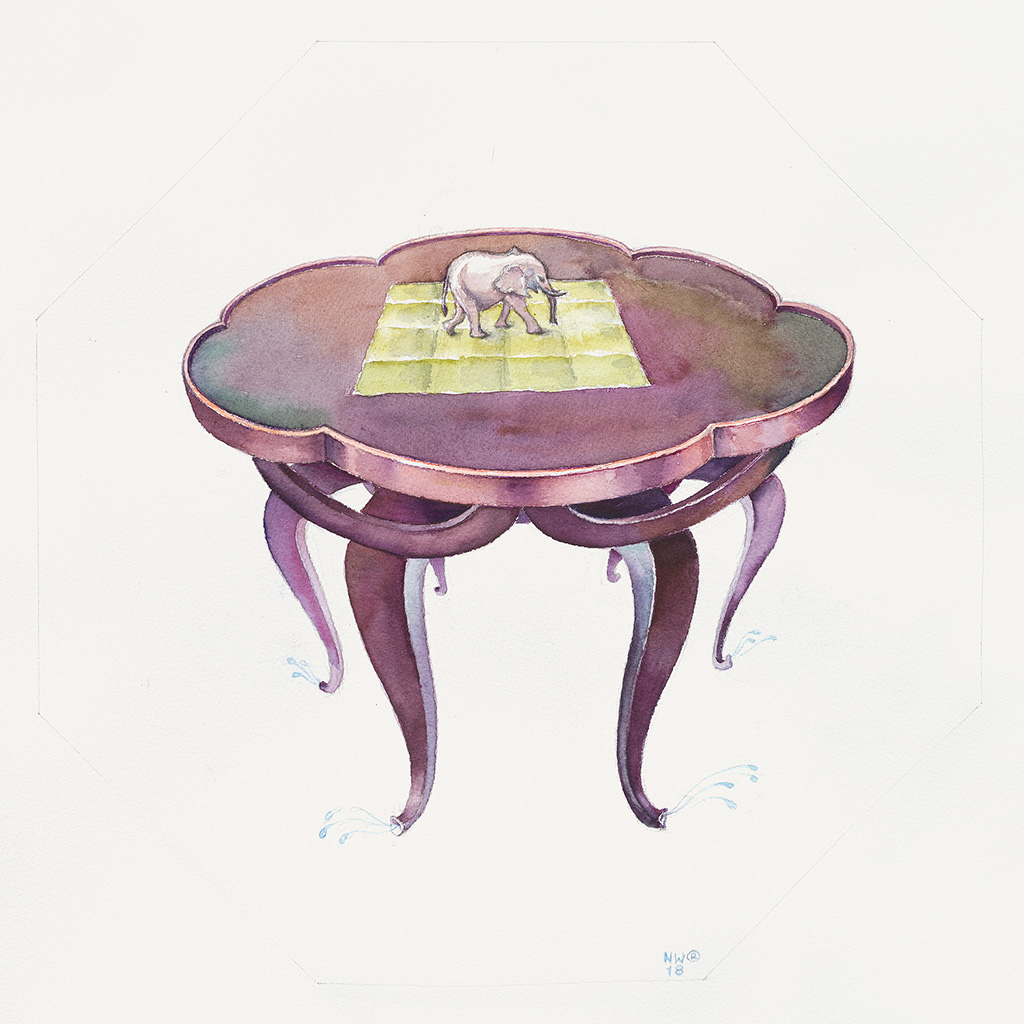 2018, Aquarell auf Papier, 50 x 50 cm, Elefantenrüsseltisch auf sechs Beinen nach einem Entwurf von Adolf Loos (1870-1930), Nina Werzbinskaja-Rabinowich 2018, Aquarell auf Papier, 50 x 50 cm, Elefantenrüsseltisch auf sechs Beinen nach einem Entwurf von Adolf Loos (1870-1930), Nina Werzbinskaja-Rabinowich