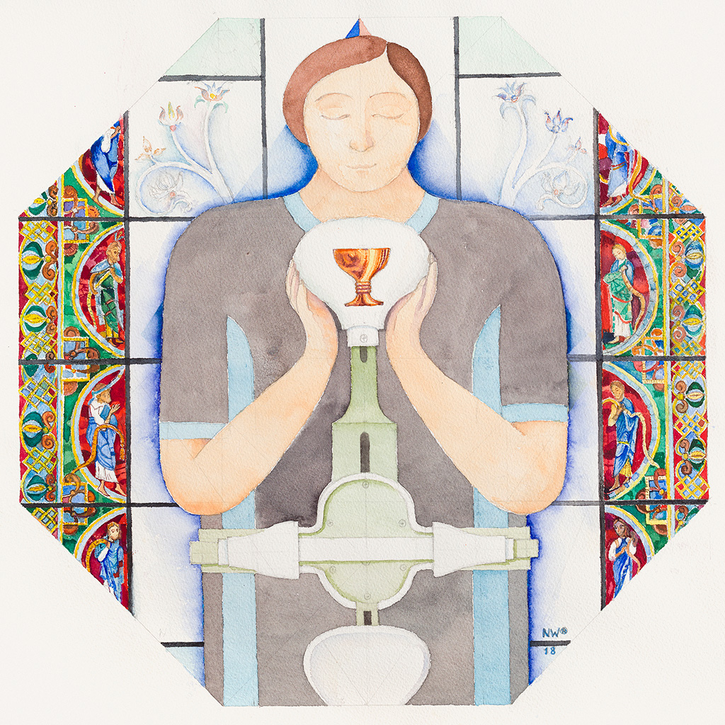 2018, Aquarell über Bleistift auf Papier, 50 x 50 cm, “Orthopädisches Selbstporträt mit heiligem Gral, genesend“, Nina Werzbinskaja-Rabinowich 2018, Aquarell über Bleistift auf Papier, 50 x 50 cm, “Orthopädisches Selbstporträt mit heiligem Gral, genesend“, Nina Werzbinskaja-Rabinowich