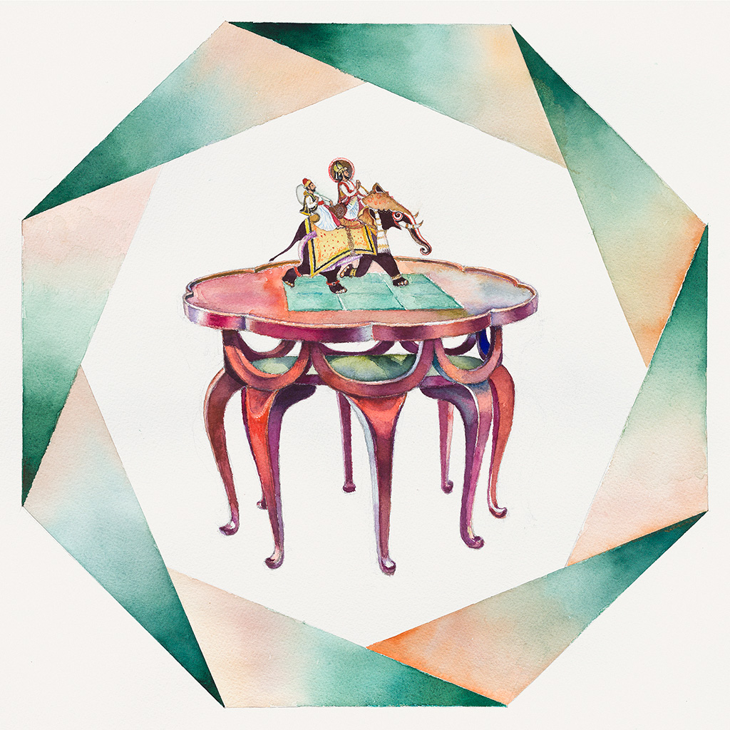 2018, Aquarell auf Papier, 58 x 58 cm, Elefantenrüsseltisch nach einem Entwurf von Adolf Loos (1870-1930): Elefanten-Ritt, Nina Werzbinskaja-Rabinowich 2018, Aquarell auf Papier, 58 x 58 cm, Elefantenrüsseltisch nach einem Entwurf von Adolf Loos (1870-1930): Elefanten-Ritt, Nina Werzbinskaja-Rabinowich