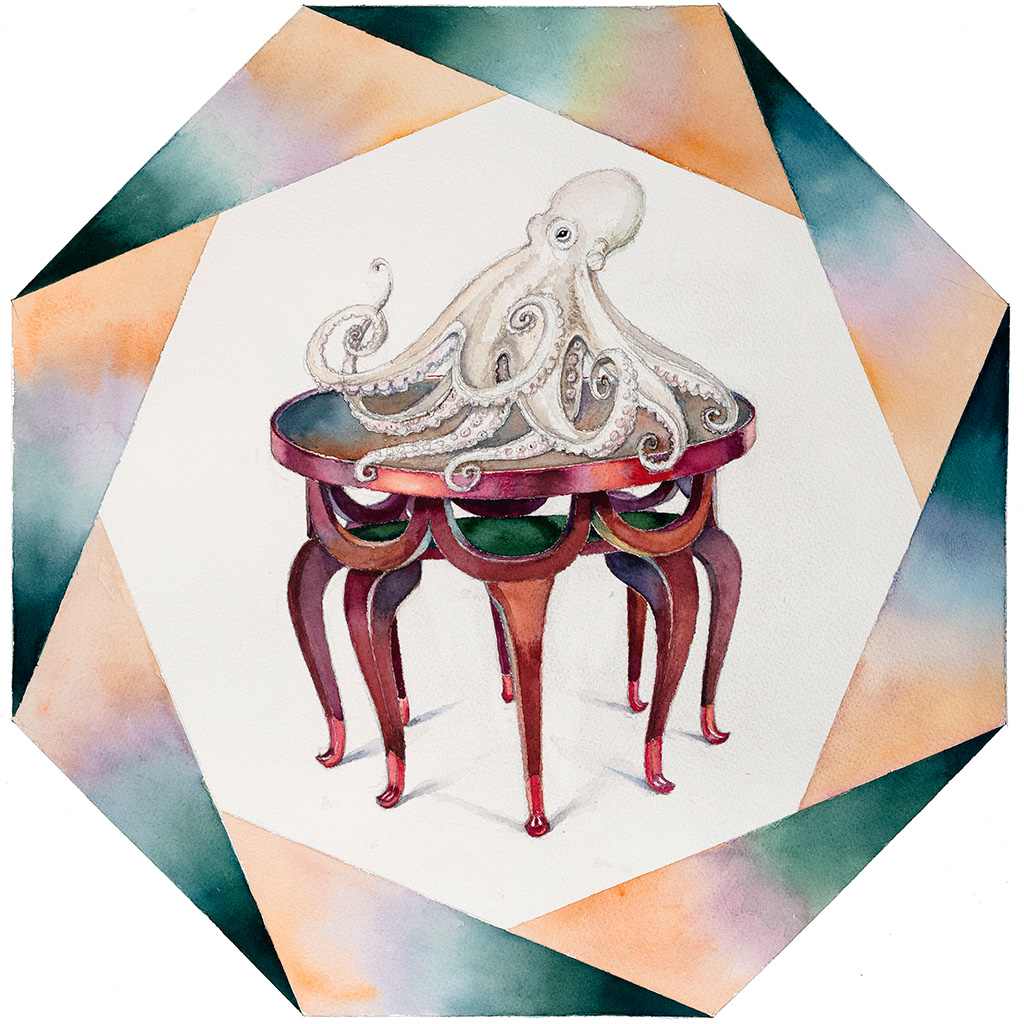 2018, Aquarell über Bleistift auf Papier, 58 x 58 cm, Elefantenrüsseltisch nach einem Entwurf von Adolf Loos (1870-1930): Oktopus im Oktogon, Nina Werzbinskaja-Rabinowich 2018, Aquarell über Bleistift auf Papier, 58 x 58 cm, Elefantenrüsseltisch nach einem Entwurf von Adolf Loos (1870-1930): Oktopus im Oktogon, Nina Werzbinskaja-Rabinowich
