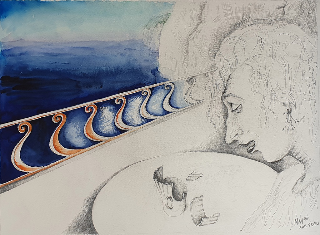 „Katastrophe. April 2020“, Bleistift  und Aquarell auf Papier 50 x 70 cm, 2020, Malerin Nina Werzhbinskaja-Rabinowich