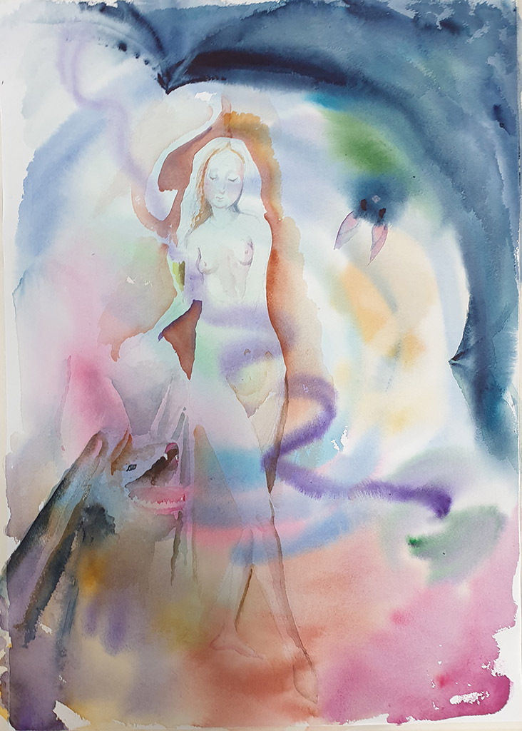 „Esst keine Fledermäuse“, Aquarell auf Papier 70 x 50 cm, 2020, Malerin Nina Werzhbinskaja-Rabinowich