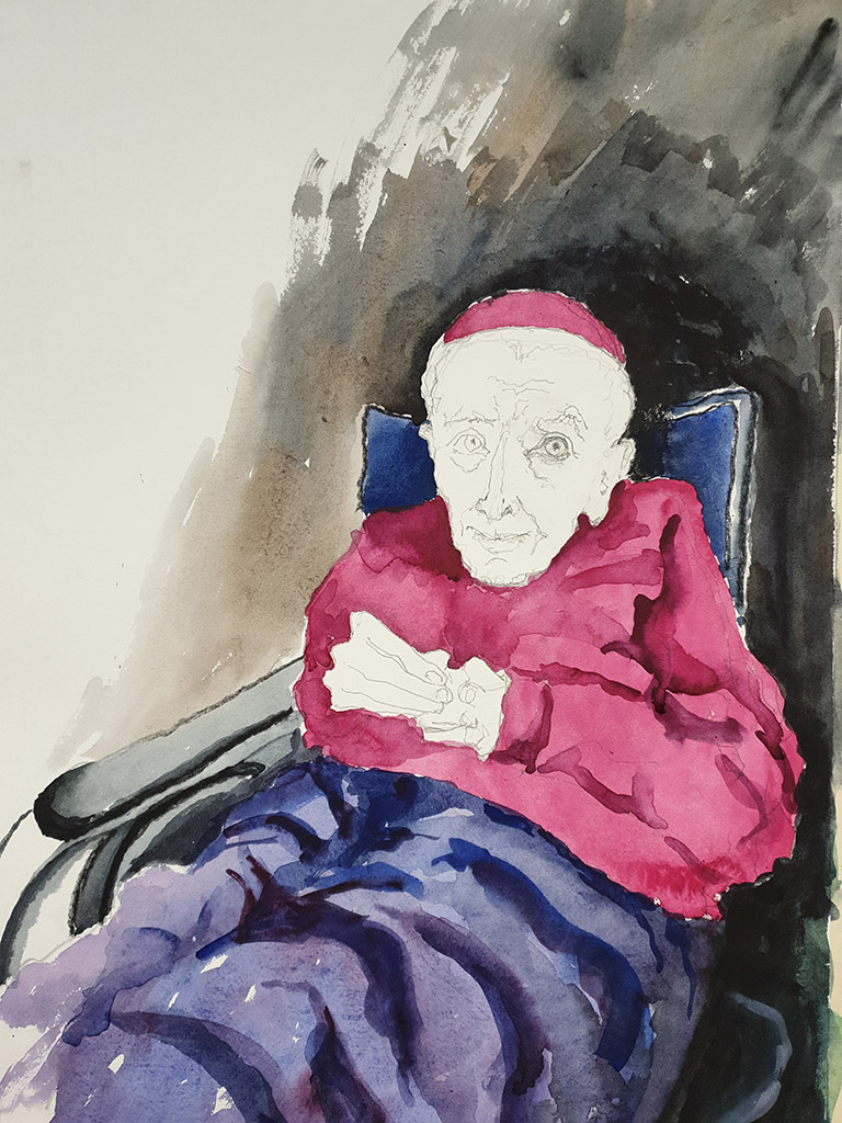 „Der zittrige Kardinal, mit der zittrigen Hand gezeichnet“, Bleistift  und Aquarell auf Papier 70 x 50 cm, 2019, Malerin Nina Werzhbinskaja-Rabinowich