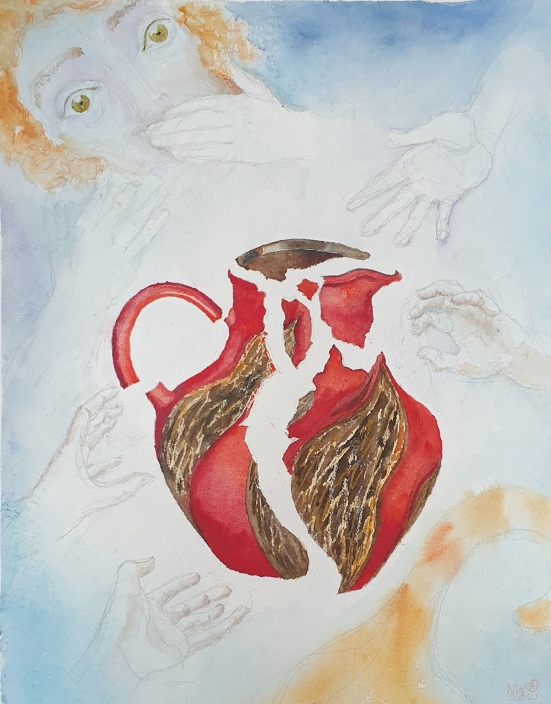 "Zerbrochener Krug“, Aquarell auf Papier, 65 x 50 cm, 2021, Malerin Nina Werzhbinskaja-Rabinowich