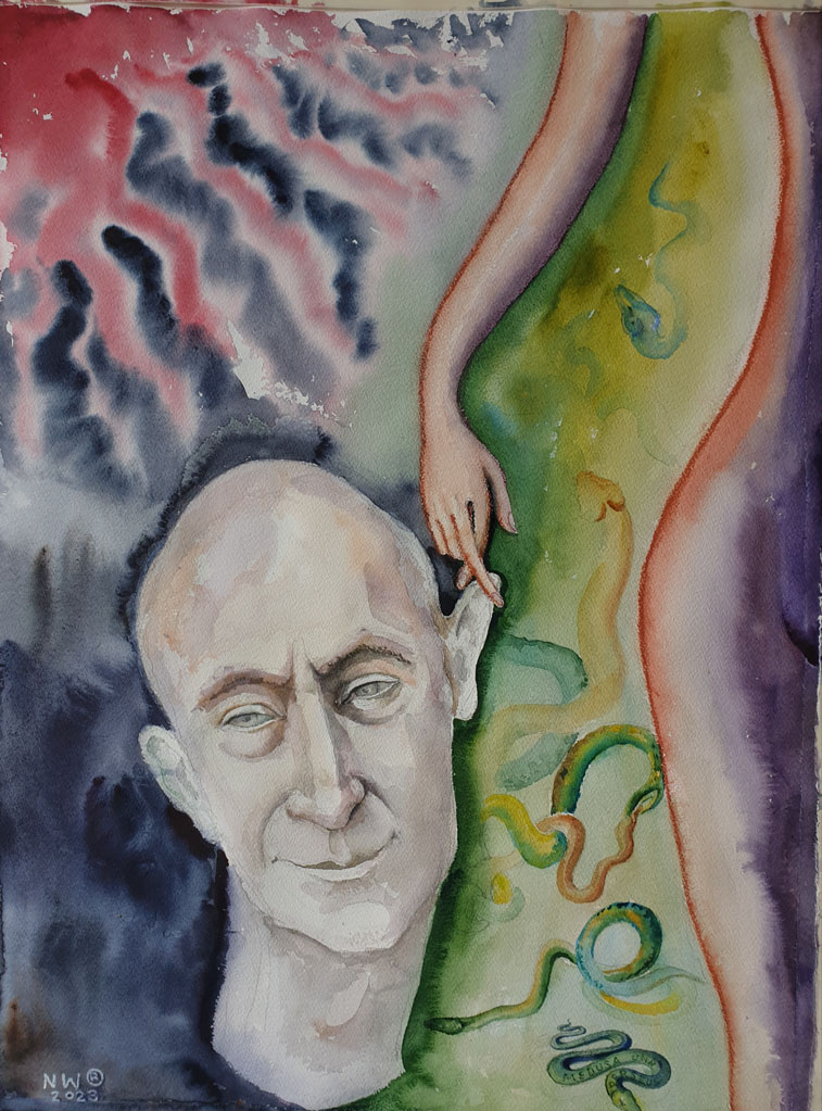 «Персей зазевался», бумага, акварель, сангина, 75 x 56, 2023, художница Нина Вержбинская-Рабинович