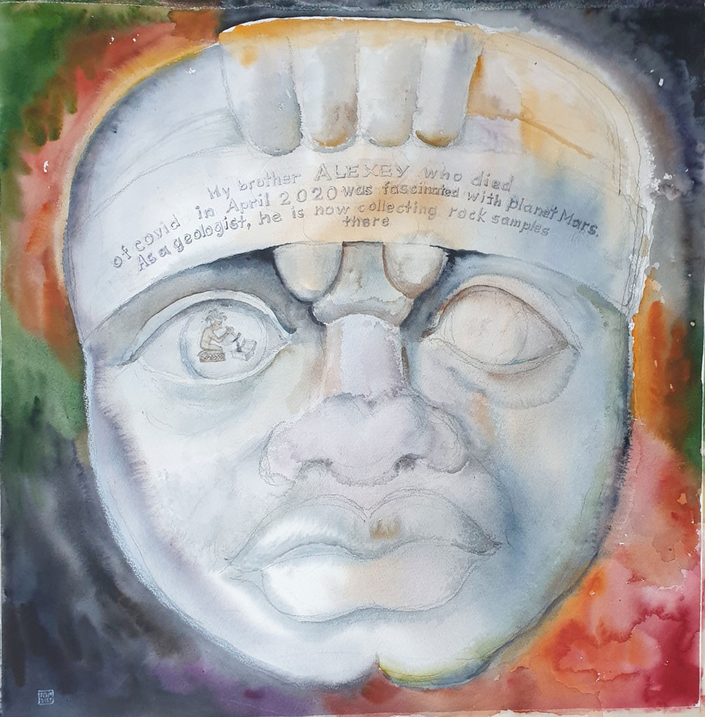 Bild „Mein Bruder Alexey, der an covid im April 2020 starb, war fasziniert von dem Planet Mars. Als Geologe sammelt er jetzt die Gestein-proben dort“, Aquarell auf Papier, 63 x 63 cm, 2020, Malerin Nina Werzhbinskaja-Rabinowich